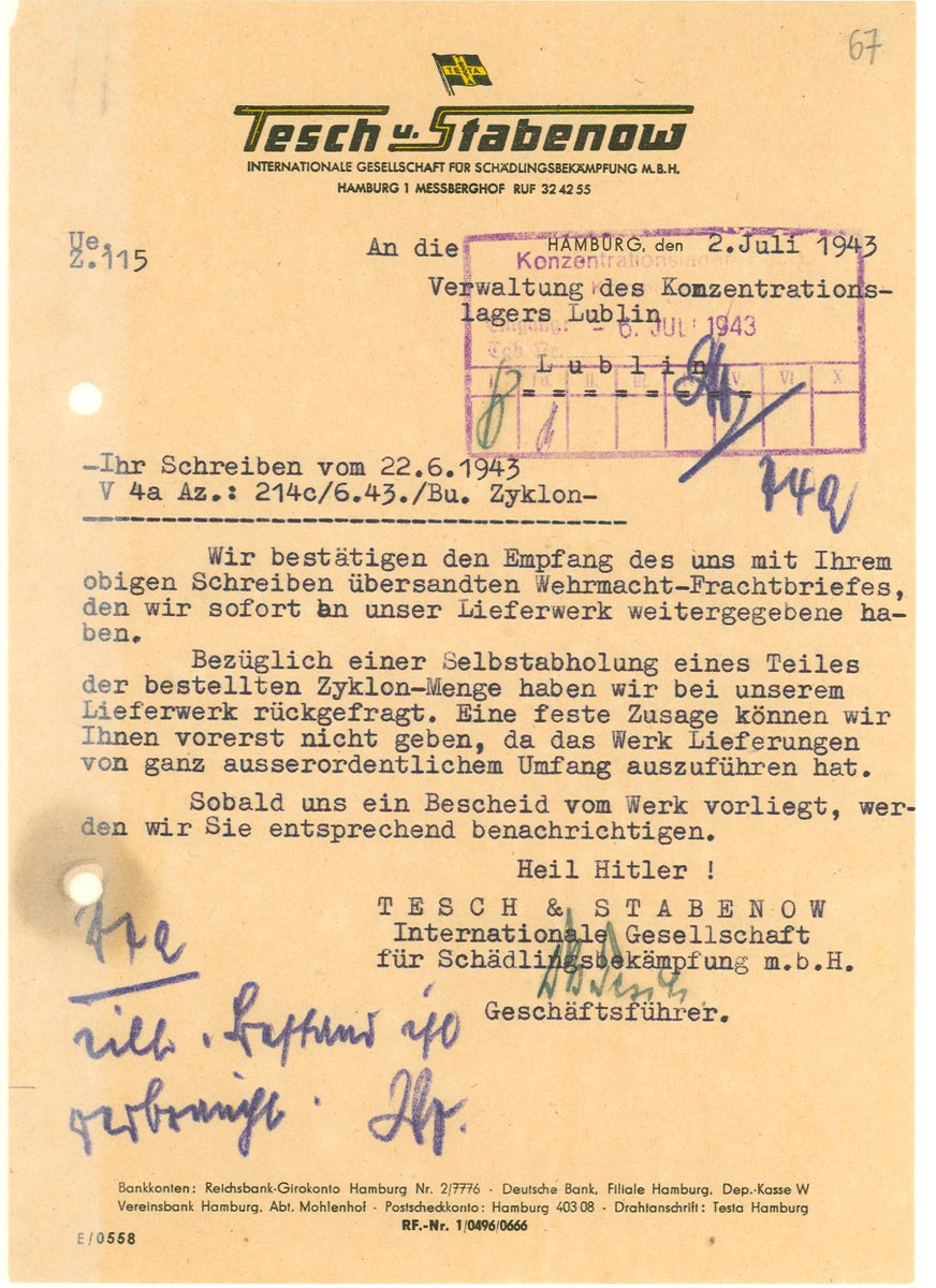 02.07.1943|The German chemical company Tesch &amp; Stabenow (TESTA) informed the administrative offices of KL Lublin – #Majdanek that they are unable to set a precise deadline for the next shipment of Zyklon B. The given reason was the producer’s being overwhelmed with orders.