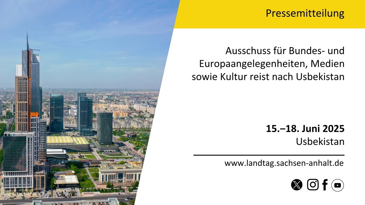 Neuigkeiten aus dem Landtag von #SachsenAnhalt.
Zur Pressemitteilung: tinyurl.com/PMUsbekistan

#ltlsa #Europa #Delegation #Usbekistan #Taschkent #Samarkand