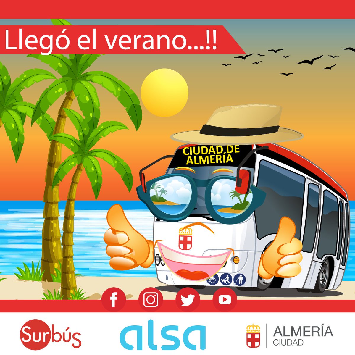 ¡Y por fin llegó el verano!
Ya huele a vacaciones... a disfrute... a festejo... Y es que aunque #Almería puede presumir de clima, siempre que llega el 21 de junio, es motivo de alegría 😄 🎊.
¡Feliz verano para todos, #surbuseros!
<a href="/aytoalm/">Ayuntamiento de Almería</a>  <a href="/Alsa_autobuses/">Alsa</a>  <a href="/ualestudiantes/">UAL Estudiantes</a>