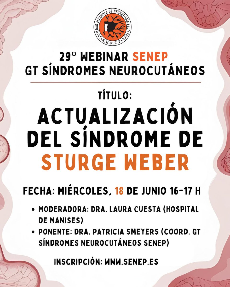 🎓✨ ¡Última parada del Curso <a href="/senep_es/">SENEP</a> 2024-2025!
👉 No te pierdas el último webinar, organizado por el GT Síndromes Neurocutáneos
🗓️ Miércoles 18 de junio de 2025
🕓 16:00-17:00 h
👉 ¡Inscríbete ya! ➡️ docs.google.com/forms/d/1ttiB_…