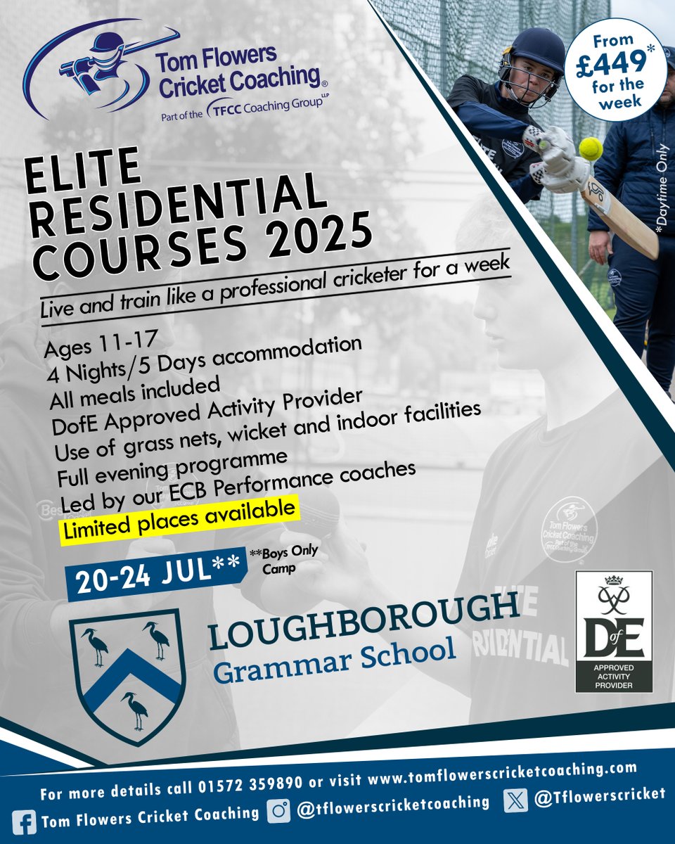 Tom Flowers Cricket Coaching (TFCC) (@tflowerscricket) on Twitter photo Join the 2025 Elite Residential at <a href="/LboroGrammar/">Loughborough Grammar School</a> 🏏
✅ Live and train like a professional cricketer for a week
✅ Complete your <a href="/DofE/">The Duke of Edinburgh’s Award</a> Gold Residential
👦 Boys Only
📅 20–24 July
⏳ Limited places available
📲 More info: tomflowerscricketcoaching.com/tfcc-residenti…
<a href="/LboroGSSport/">LboroGSSport</a> #cricket Join the 2025 Elite Residential at <a href="/LboroGrammar/">Loughborough Grammar School</a> 🏏
✅ Live and train like a professional cricketer for a week
✅ Complete your <a href="/DofE/">The Duke of Edinburgh’s Award</a> Gold Residential
👦 Boys Only
📅 20–24 July
⏳ Limited places available
📲 More info: tomflowerscricketcoaching.com/tfcc-residenti…
<a href="/LboroGSSport/">LboroGSSport</a> #cricket