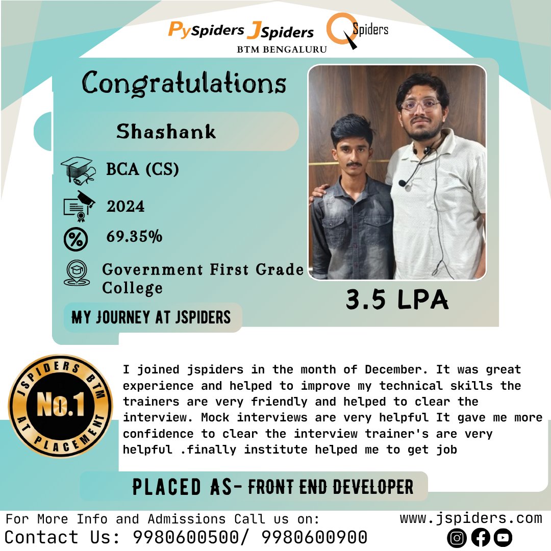 QSpiders_BTM_'s tweet image. Big congratulations to Shashank on starting his tech career as a Front-End Developer with a 3.5 LPA package!  #JSpidersBTM #TechCareerStart #StudentAchievement #3_5LPA #CareerKickoff