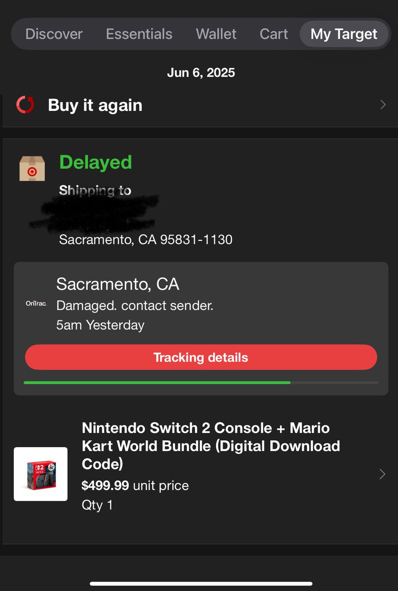R0NMEXIC0's tweet photo. Hey @AskTarget — What happened to my Nintendo Switch 2? One minute it’s out for delivery, then Ontrac needs information about my address, and then the package is damaged and undeliverable? Am I just screwed? Will I ever receive the Nintendo Switch 2 that I paid $547 for? https://t.co/zgA70ipTBK