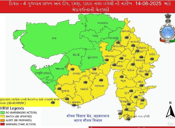 Light thunderstorm with lightning and surface wind 30-40 kmph accompanied with light to moderate rain very likely at isolated places in the Daman District from 14/06/2025 to 16/06/2025.