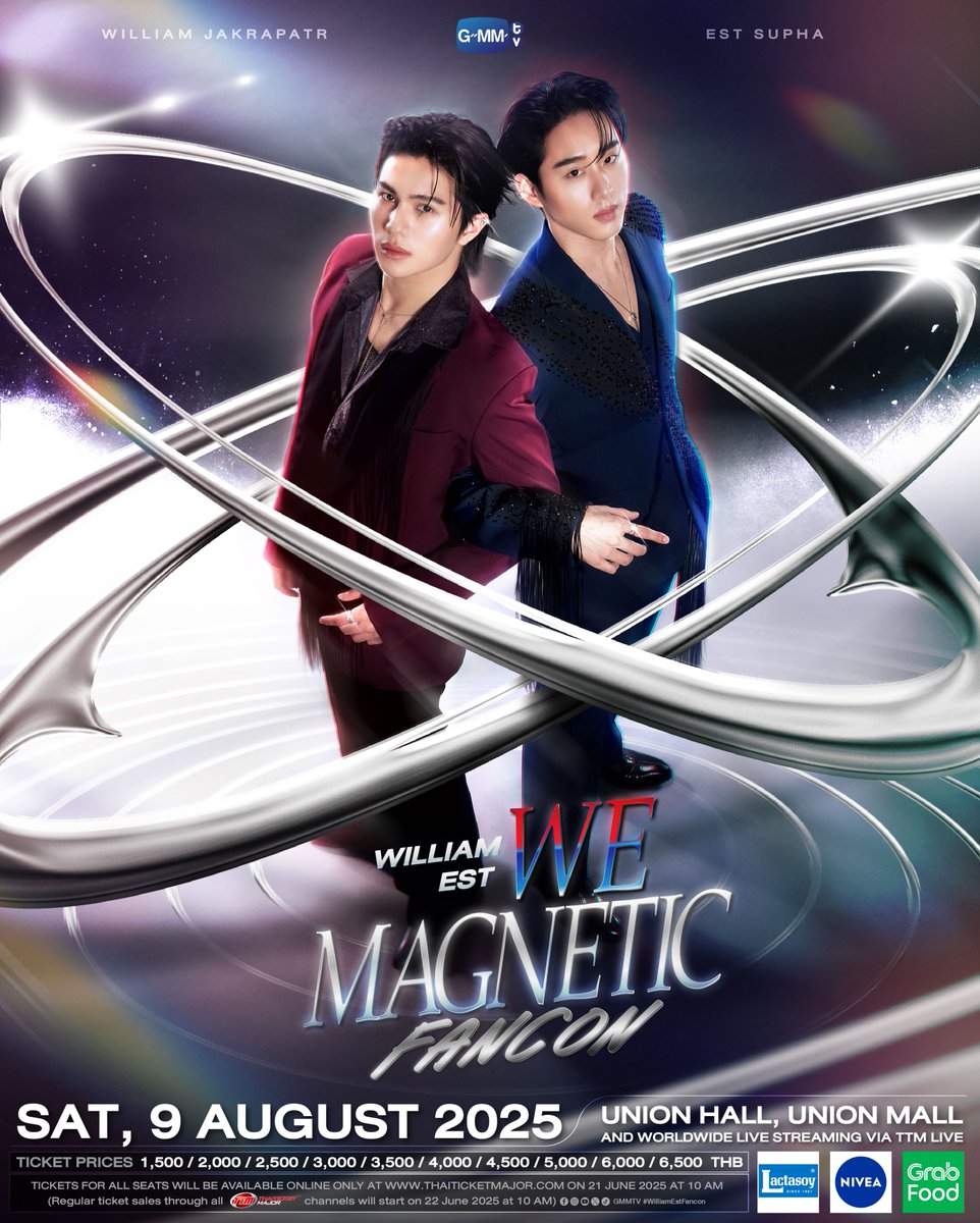 GMMTV's tweet image. วิลเลี่ยมเอสพร้อมดึงดูดทุกคนเข้าสู่จักรวาลของพวกเค้าใน ‘WilliamEst WE Magnetic FANCON’🧲 #WilliamEstFancon

🗓️ SATURDAY, 9 AUGUST 2025
📍 Union Hall, Union Mall
And worldwide live streaming via TTM LIVE

📌TICKETS FOR ALL SEATS WILL BE AVAILABLE ONLINE ONLY AT…