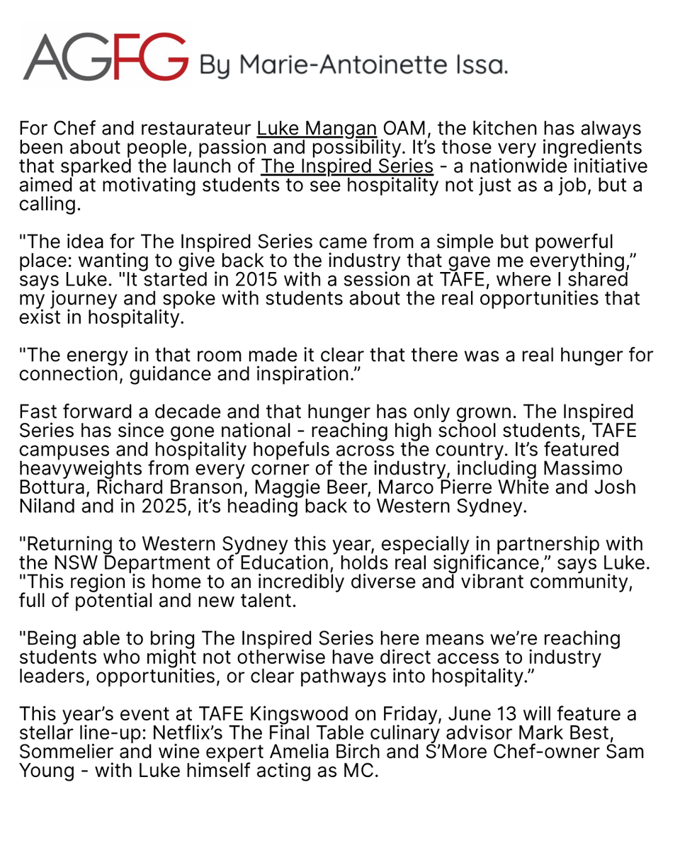 What started as a chat at TAFE has become a nationwide movement.
The Inspired Series is back - this time heading to Western Sydney to connect students with some of the biggest names in hospitality.

Read the rest of the article via the link in my bio, or website!