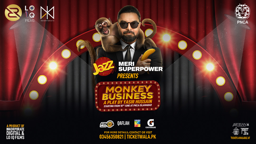 jazzpk's tweet image. Theatre, drama aur laughter bharri shaamein, yeh he hai Islamabad ka scene aaj kal! 🎭 Monkey Business by Yasir Hussain is lighting up the PNCA stage tonight at 8 PM. 🕗 Don’t miss it! 🙌 

#JazzMeriSuperpower #MonkeyBusiness
