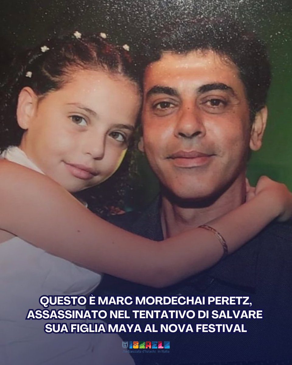 "Questo è mio padre, Marc Mordechai Peretz z"l. È stato assassinato mentre cercava di salvarmi dal massacro al Nova Festival. 

Quando sono partiti i razzi, è salito in macchina e si è diretto verso il luogo del festival, da solo. Ha investito due terroristi, ha sfondato i posti