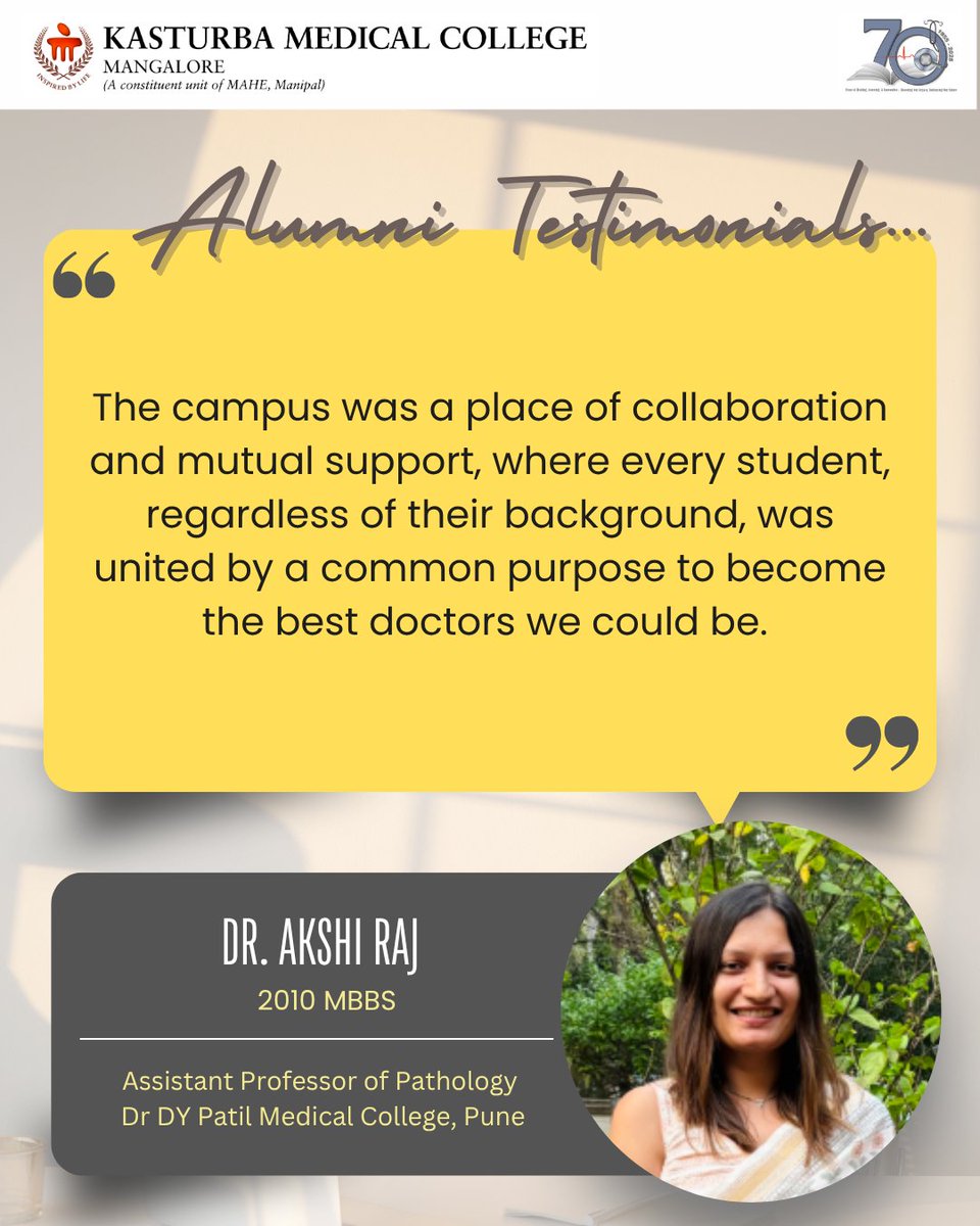 KMC Mangalore (@kmc_mangalore) on Twitter photo 🎓 70 Years of #KMCMangalore
💬 Alumni speak from the heart — about campus, clinics, and community.
Catch the next wave of stories in our Voices of KMC Mangalore series.
#KMC70Years #AlumniVoices #VoicesOfKMCMangalore #MedicalEducation #PlatinumJubilee
<a href="/ShameeShastry/">Dr. Shamee Shastry 🇮🇳</a> 🎓 70 Years of #KMCMangalore
💬 Alumni speak from the heart — about campus, clinics, and community.
Catch the next wave of stories in our Voices of KMC Mangalore series.
#KMC70Years #AlumniVoices #VoicesOfKMCMangalore #MedicalEducation #PlatinumJubilee
<a href="/ShameeShastry/">Dr. Shamee Shastry 🇮🇳</a>