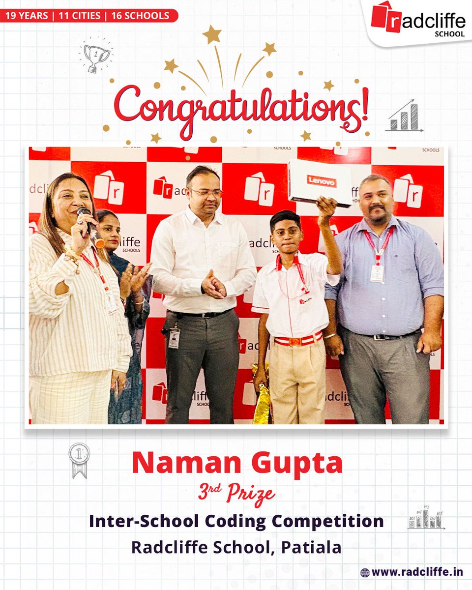 SchoolRadcliffe's tweet image. A proud moment for Radcliffe School, Patiala, as Grade 9 student Naman Gupta secures 3rd place at the pan-India Inter-Radcliffe Coding Competition!
#Congratulations #achievement #CodingStar #YoungInnovator #StudentSuccess #TechTalent #ProudMoment #RadcliffeGroupOfSchool