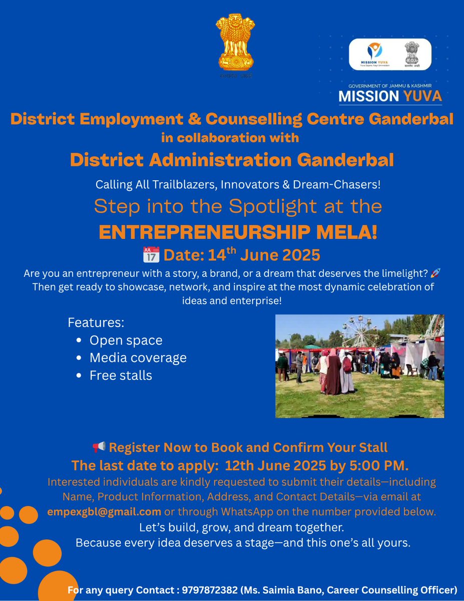 Deputy Commissioner Ganderbal (@dcganderbal) on Twitter photo DE&CC in collaboration with District Administration Ganderbal is organizing an **Entrepreneurship Mela**
Date: 14th June 2025
Venue: Qamaria Park
Calling all *Trailblazers, Innovators & Dream-Chasers*
Register now to book & confirm your stall
<a href="/JatinKishore7/">Jatin Kishore</a>
<a href="/diprjk/">Information & PR, J&K</a> DE&CC in collaboration with District Administration Ganderbal is organizing an **Entrepreneurship Mela**
Date: 14th June 2025
Venue: Qamaria Park
Calling all *Trailblazers, Innovators & Dream-Chasers*
Register now to book & confirm your stall
<a href="/JatinKishore7/">Jatin Kishore</a>
<a href="/diprjk/">Information & PR, J&K</a>