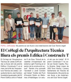 Setmana de premis als treballs de fi de cicle dels nostres alumnes. Enhorabona als premiats! <a href="/CAATEELLEIDA/">CAATEE de Lleida</a> 
#SOBREESTANTS
#CONSTRUEIXT
#TRAÇAT