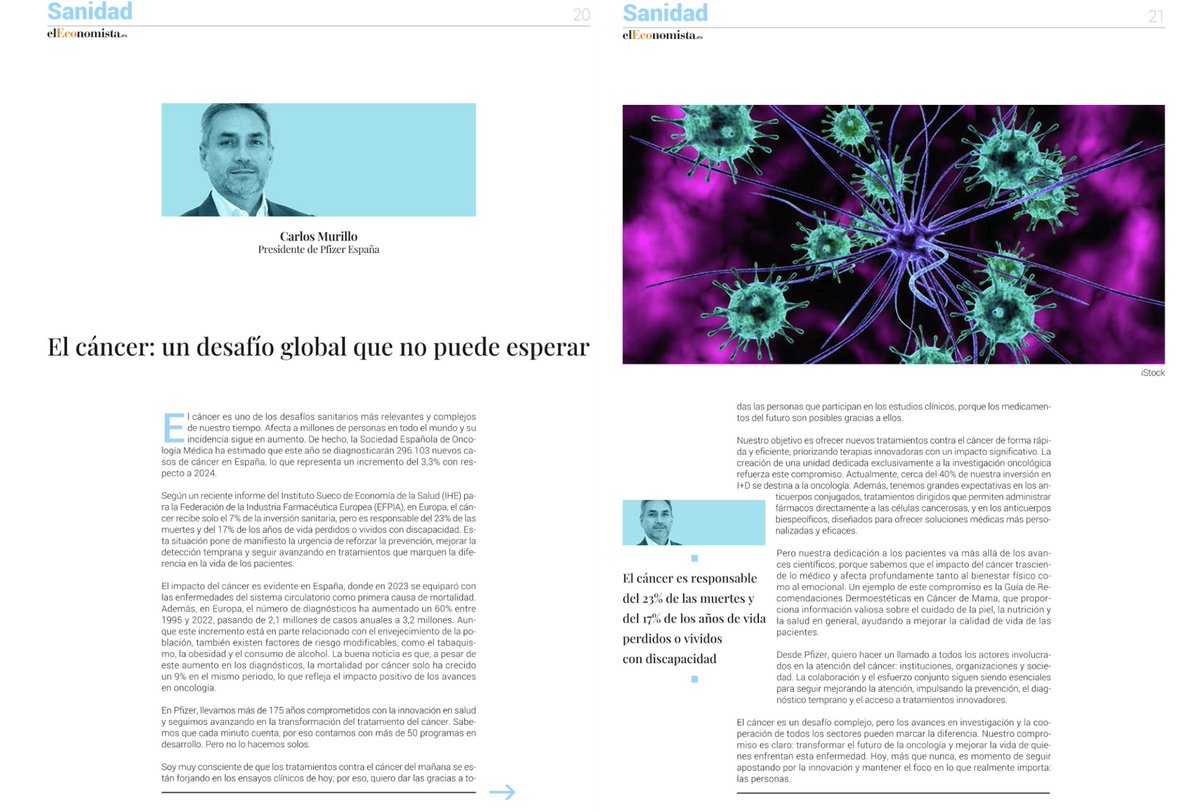 Pfizer España (@pfizer_spain) on Twitter photo ✍🏻👨🏻💼 Compartimos la tribuna en <a href="/elEconomistaes/">elEconomista.es</a> de nuestro presidente, Carlos Murillo, en la que analiza la importancia de la investigación contra el cáncer: “Los tratamientos oncológicos del mañana se están forjando en los ensayos clínicos de hoy” ✍🏻👨🏻💼 Compartimos la tribuna en <a href="/elEconomistaes/">elEconomista.es</a> de nuestro presidente, Carlos Murillo, en la que analiza la importancia de la investigación contra el cáncer: “Los tratamientos oncológicos del mañana se están forjando en los ensayos clínicos de hoy”