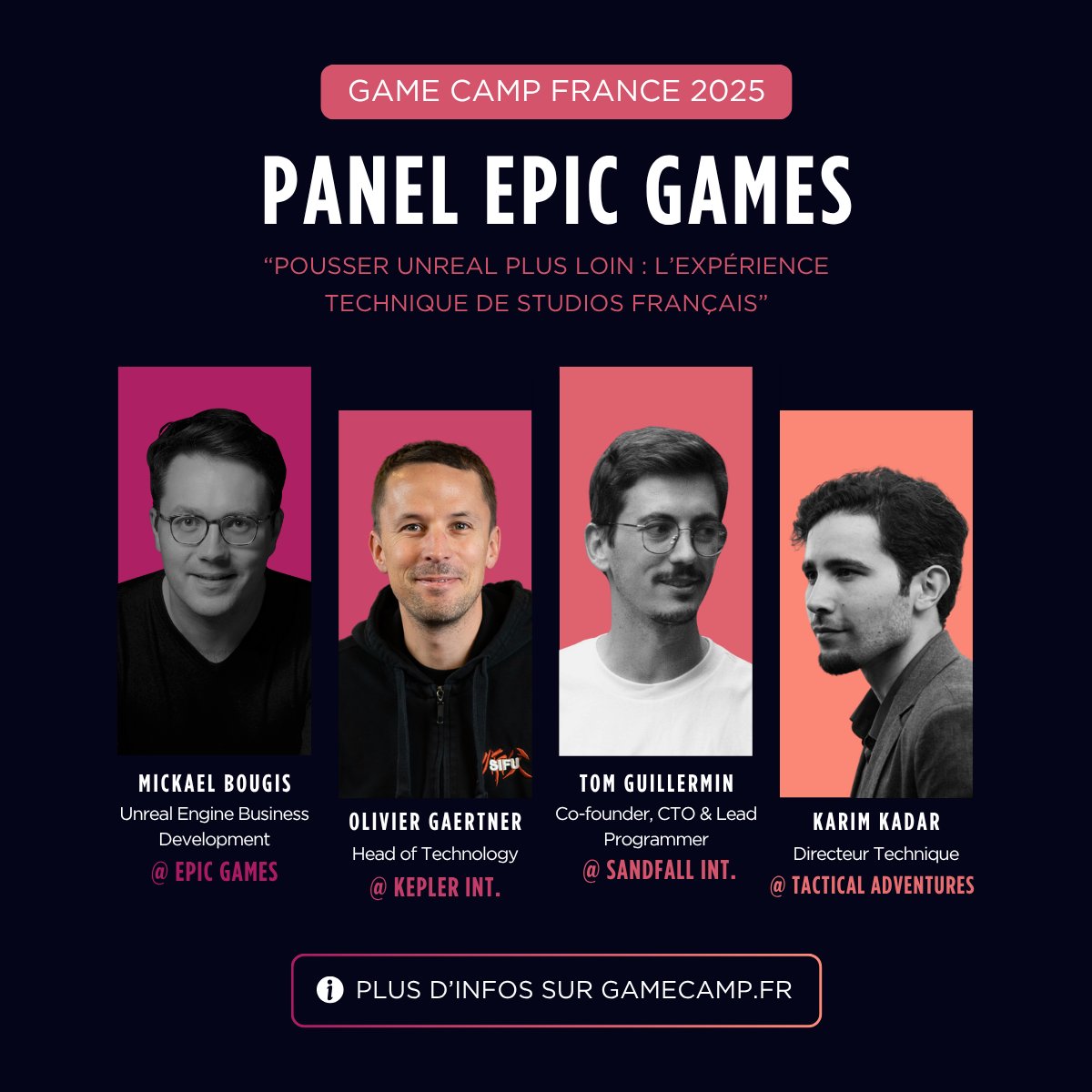 GameCampFrance's tweet image. PANEL EPIC GAMES🎙️
Un panel porté par @EpicGamesFR, intitulé "Pousser Unreal plus loin : l’expérience technique de studios français", réunira plusieurs CTO de studios français qui partageront leurs retours d’expérience sur l’utilisation d’@UnrealEngine.
Les intervenants seront…