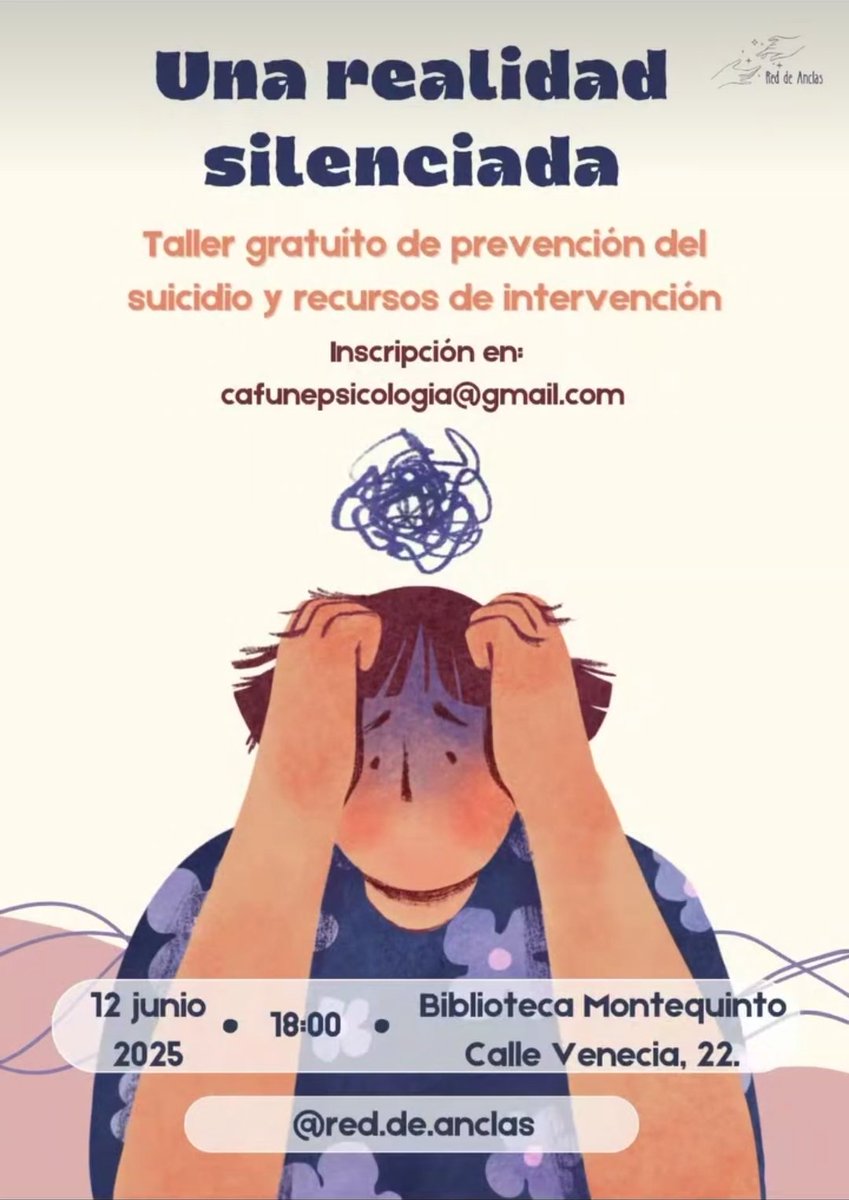 Este jueves a las 18:00 horas en la biblioteca de Montequinto (Sevilla) se realiza un taller gratuito enfocado en la #prevención del #suicidio y recursos de intervención
¿Un repost para colaborar en su difusión?
Más detalles en la cuenta de Instagram @red.de.anclas y en la imagen