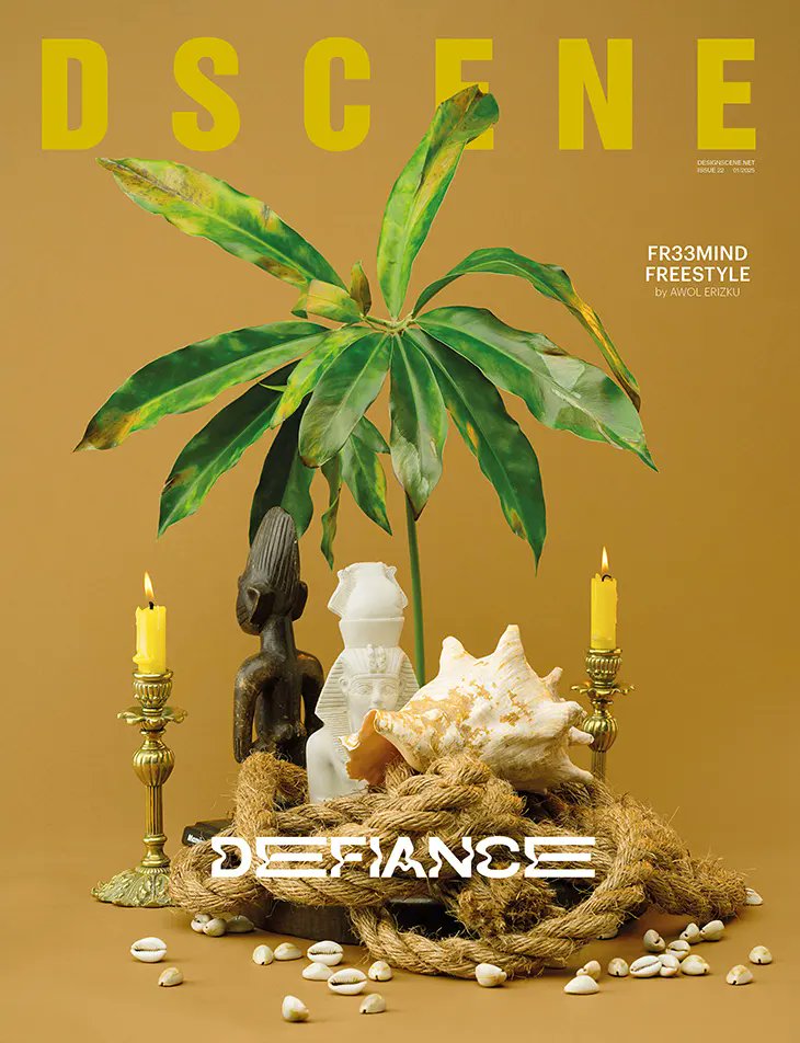 DSCENE Magazine’s Defiance Issue launches with a striking custom cover by Ethiopian-born American artist Awol Erizku, titled “Fr33mind Freestyle.” This issue is a meditation on what it means to defy when the old rules no longer hold, when the world’s systems are cracking and