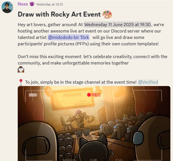 Draw with Rocky Live Art Event on Discord 🎨🤩 

📅Date: 11 June 2025  
⏲️Time: 15:00 UTC / 20:30 IST
To join simply be in the #stage channel at the right time, <a href="/itzmidomidodo/">midomidodo🔆꧁IP꧂</a> live and draw some participant's profile pictures, don't miss this fun moment 😍

<a href="/SeismicSys/">Seismic</a> #Seismic