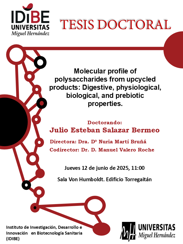 Instituto I+D+i Biotecnología Sanitaria de Elche (@idibe_umh) on Twitter photo 📣¡¡ TESIS 📚 en <a href="/IDiBE_UMH/">Instituto I+D+i Biotecnología Sanitaria de Elche</a> !!
Julio Esteban Salazar Bermeo defenderá su tesis titulada "Molecular profile of polysaccharides from upcycled products: Digestive, physiological, biological and prebiotic properties" 🎓
#TesisIDiBE
🗓️ 12- junio
⌚️ 11.00h
🏟️ Sala Von Humboldt 📣¡¡ TESIS 📚 en <a href="/IDiBE_UMH/">Instituto I+D+i Biotecnología Sanitaria de Elche</a> !!
Julio Esteban Salazar Bermeo defenderá su tesis titulada "Molecular profile of polysaccharides from upcycled products: Digestive, physiological, biological and prebiotic properties" 🎓
#TesisIDiBE
🗓️ 12- junio
⌚️ 11.00h
🏟️ Sala Von Humboldt