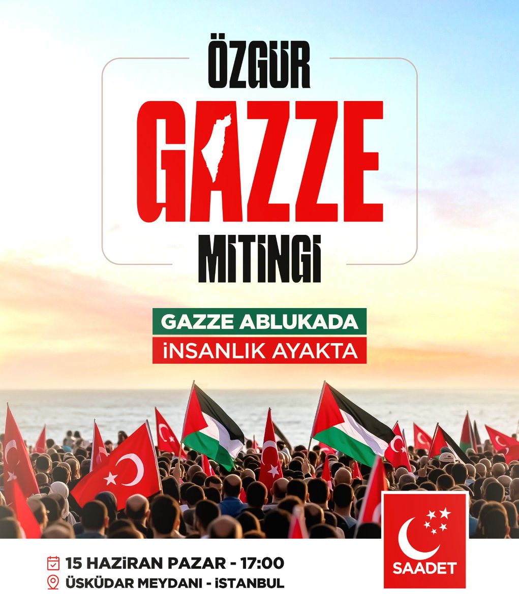 🇵🇸🇹🇷
Özgür Gazze Mitingi

Gazze Ablukada
#İnsanlıkAyakta

🕰️ 15 Haziran 2025 • Pazar • 17.00
📍 Üsküdar Meydanı
📢  Tüm Halkımız Davetlidir.