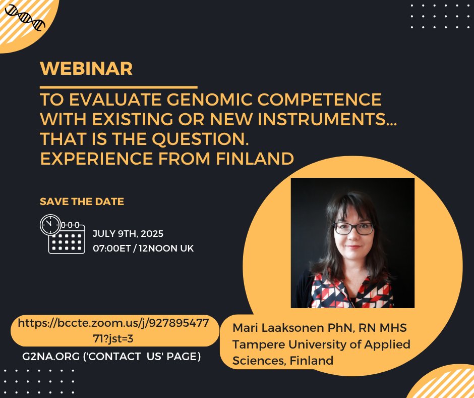 Save the date! 🗓️Join us on July 9th (0700ET) for our next webinar when  Mari Laaksonen from Tampere Uni of Applied Sciences 🇫🇮 will be presenting on the use of instruments to evaluate #genomic competence. bccte.zoom.us/j/92789547771?…
👇