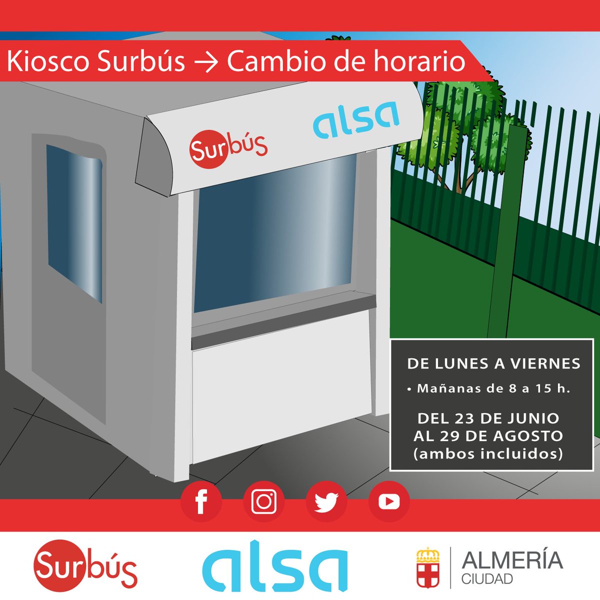 ¿Necesitas realizar cualquier consulta en nuestro punto de información? 🤓
A partir de mañana y hasta el viernes 29 de agosto, nuestro horario de atención al cliente será:
• Mañanas → De 8 a 15 horas (laborables de lunes a viernes).
<a href="/aytoalm/">Ayuntamiento de Almería</a>  <a href="/Alsa_autobuses/">Alsa</a>  <a href="/ualestudiantes/">UAL Estudiantes</a>