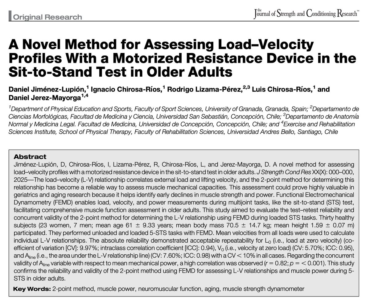 🚨A Novel Method for Assessing Load–Velocity Profiles With a Motorized Resistance Device in the Sit-to-Stand Test in Older Adults

🎯High reliability of the L-V method in the 5-STS test 
💪🏽Efficient muscle function assessment in older adults with FEMD.

🔗 sl.ugr.es/0eF4