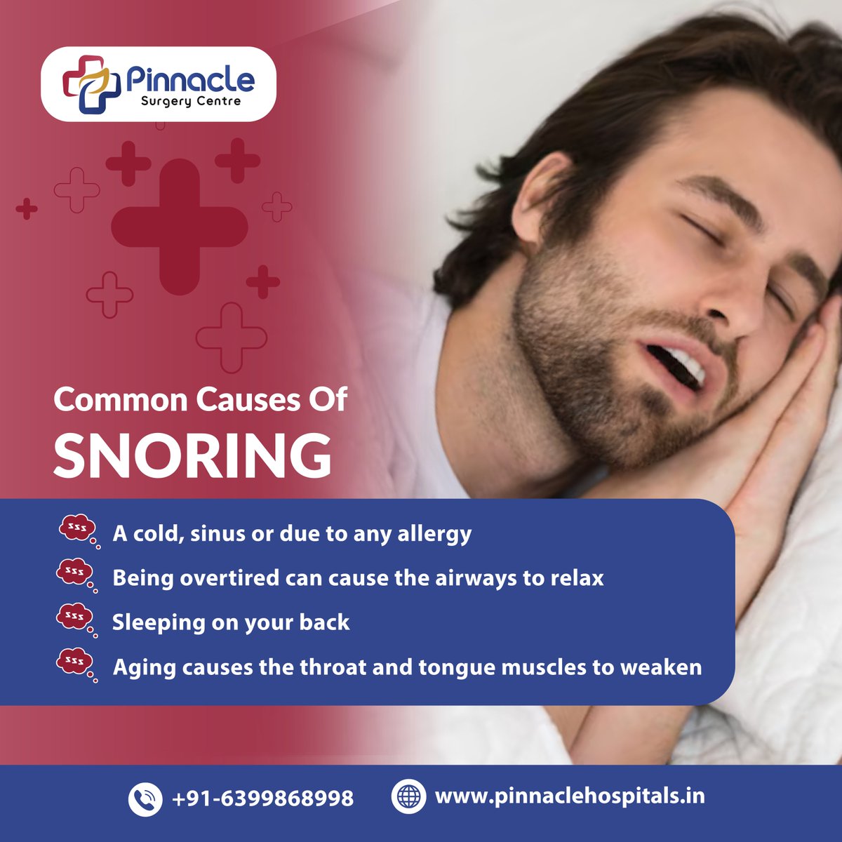 SurgeryPinnacle's tweet photo. 😴 Struggling with snoring? You're not alone!
From allergies to sleeping positions, several everyday habits can cause those nighttime noises.
Visit https://t.co/a3eY2AJlDA or call us at 📞 +91-6399868998.
#SnoringCauses #BetterSleep #PinnacleSurgeryCentre #SleepHealth #ENTCare https://t.co/4t8Gc38LrB