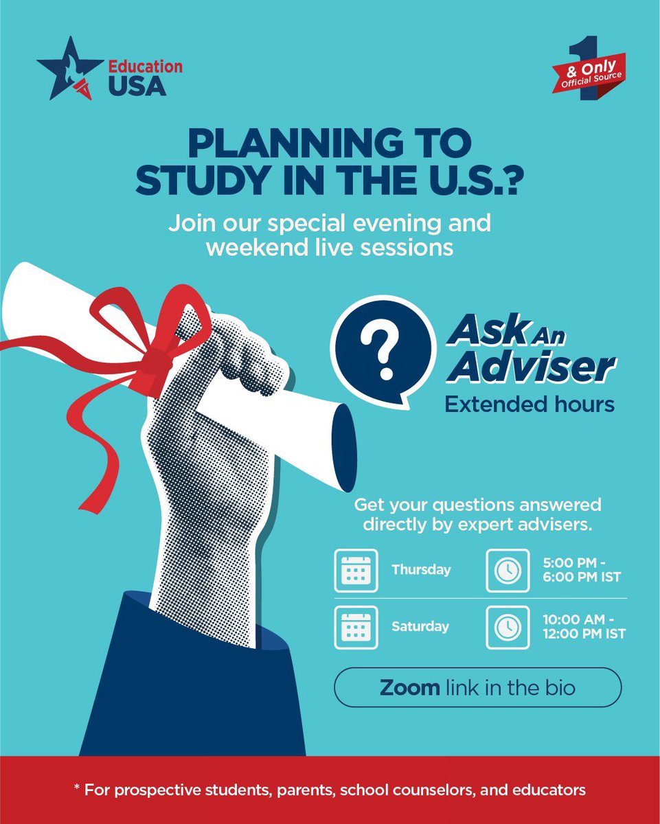 Dreaming of studying in the U.S. but busy at work or at school? Get expert guidance LIVE — from the comfort of your home!  

Join our free, virtual Ask Aan Adviser Extended Hours Sessions. This is your perfect opportunity to join an evening session on Thursday or a morning