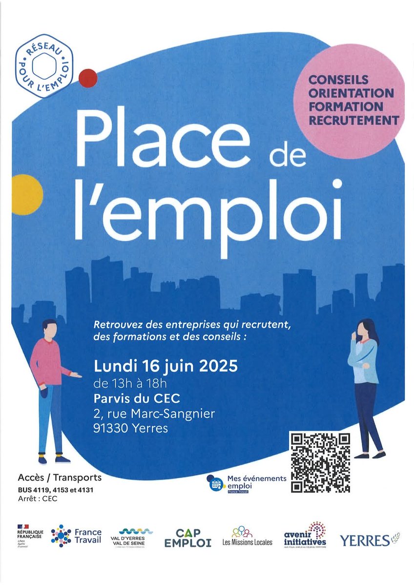 France Travail, Cap emploi, <a href="/cavyvs/">CA VYVS</a> , la Mission Locale, le PLIE et <a href="/VilledeYerres/">Yerres</a> vous donnent rendez-vous le 16 juin de 13h à 18h pour un événement #emploi hors-les-murs visant à regrouper les membres du Réseau pour l’Emploi !
#Ensemble pour l'emploi 💪
A vos CV ! 📑