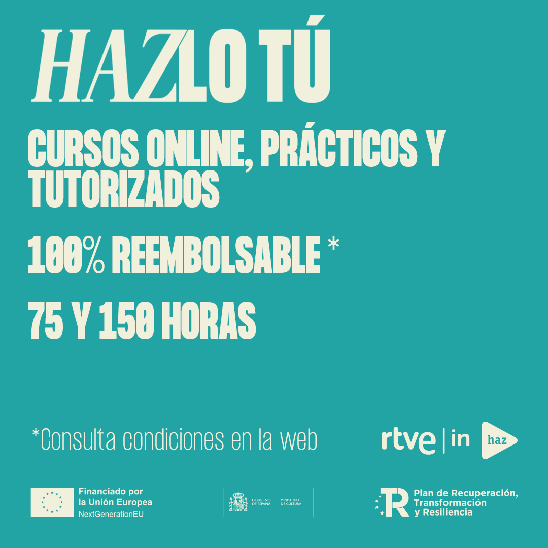 #RTVEInstituto y #Haz te acercan al sector audiovisual con sus cursos online de imagen.

¡Aprende con profesionales!

- Prácticos y tutorizados.
- 100 % reembolsable *.
- 75 y 150 horas.

* Consulta las condiciones en la web.

haz.institutortve.com/formate/areas-…