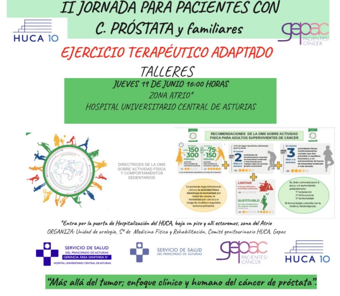 Con motivo del #DíaMundialCáncerPróstata la Unidad de Urología <a href="/jesusmfergomez/">Jesús M Fernández</a> Servicio de Medicina física y Rehabilitación <a href="/JoseAntonioFid5/">Jose Antonio Fidalgo Gonzalez</a> <a href="/HUCA_Asturias/">@HUCA</a> <a href="/astursalud/">Consejería de Salud</a> <a href="/GEPAC_/">GEPAC</a>  <a href="/InfoAeu/">AEU</a> promovemos el ejercicio terapéutico en #cáncerdepróstata 19 Junio,16:00 en HUCA.Únete.
