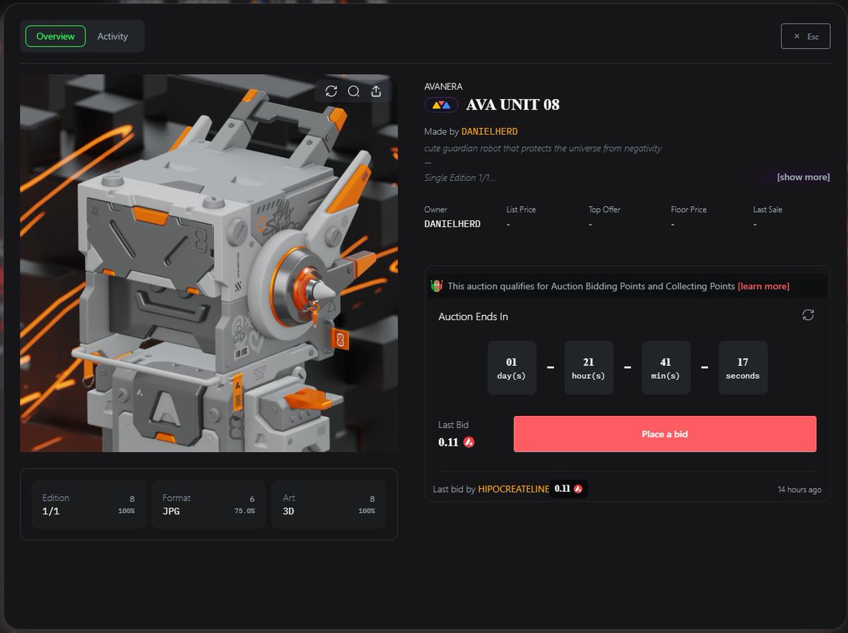 danielherdianto's tweet photo. AVA UNIT 08 - got a first bid from @HIPOCREATEID thank youu fam!
Current bid 0.11 $avax
Auction 1D 21H left at @salvor_io ๐บ
#artchain #artonavax https://t.co/FOTjQP9sja