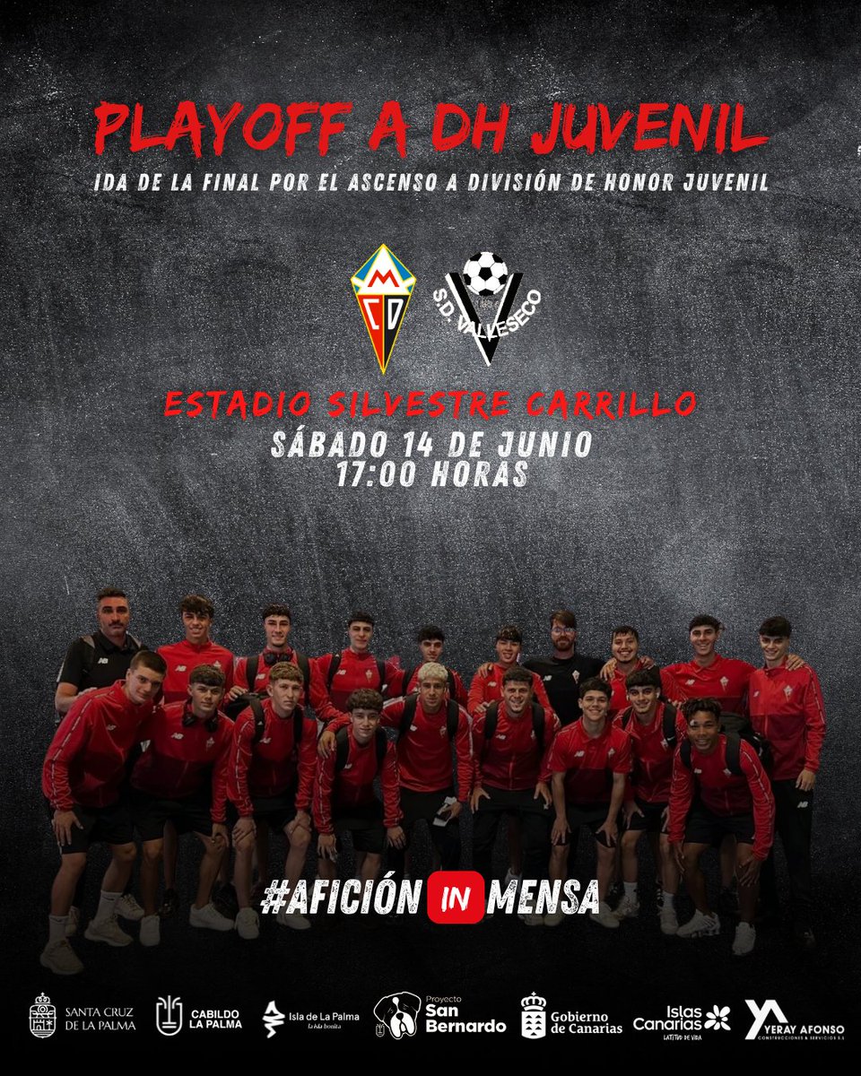 #CanteraCDM | El Juvenil A afronta la ida de la final por el ascenso a División de Honor Juvenil este sábado 14 de junio (17:00 horas). En casa, con nuestra gente.

🆚️ <a href="/Valleseco_SD/">SD Valleseco Terminales Canarios S.L.</a>

#AficiónInMensa