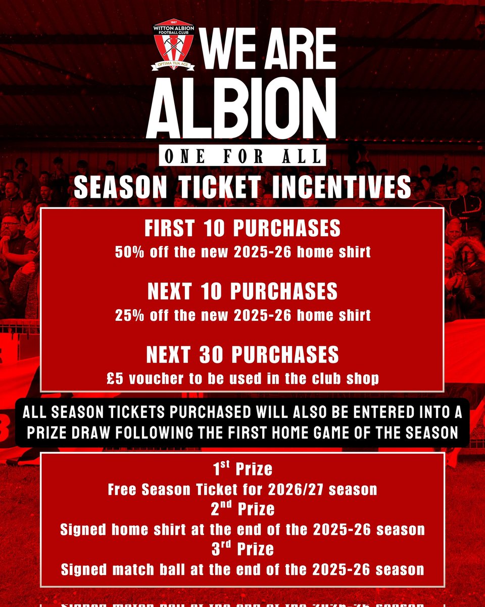 Witton Albion Football Club (@wittonalbion) on Twitter photo ๐๏ธ ๐๐๐๐/๐๐ ๐๐๐๐๐๐ ๐๐๐๐๐๐๐ ๐๐ ๐๐๐๐ ๐๐๐
๐ฅ Early Bird prices until 30th June ๐ฅ
All season tickets now cover ALL menโs & womenโs home league fixtures + pre-season games
form.jotform.com/241824121675353
VIew our Facebook & Instagram for more information ๐๏ธ ๐๐๐๐/๐๐ ๐๐๐๐๐๐ ๐๐๐๐๐๐๐ ๐๐ ๐๐๐๐ ๐๐๐
๐ฅ Early Bird prices until 30th June ๐ฅ
All season tickets now cover ALL menโs & womenโs home league fixtures + pre-season games
form.jotform.com/241824121675353
VIew our Facebook & Instagram for more information