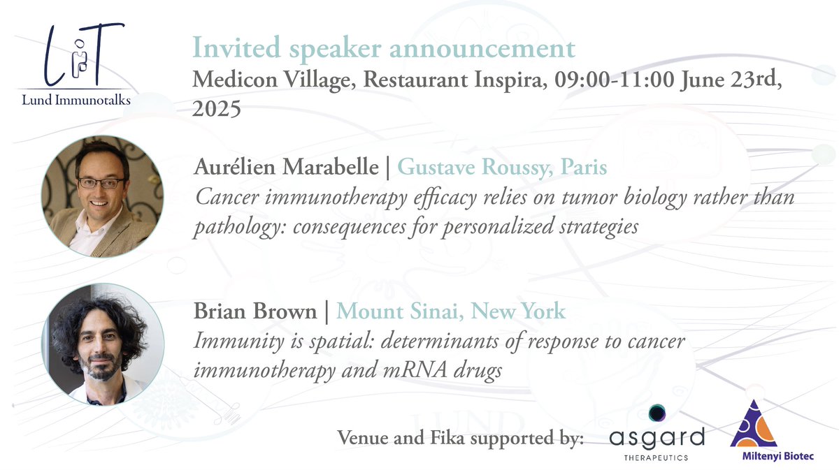 Asgard Therapeutics (@asgardthx) on Twitter photo Join us on June 23rd at Medicon Village for Lund Immunotalks – a morning on #immunoOncology!
🎙️ Aurelien Marabelle, Gustave Roussy, Paris
🎙️ Brian Brown, Mount Sinai, New York
Fika by <a href="/miltenyibiotec/">Miltenyi Biotec</a>
🕘 09:00–11:00
📍 Restaurant Inspira, Medicon Village Join us on June 23rd at Medicon Village for Lund Immunotalks – a morning on #immunoOncology!
🎙️ Aurelien Marabelle, Gustave Roussy, Paris
🎙️ Brian Brown, Mount Sinai, New York
Fika by <a href="/miltenyibiotec/">Miltenyi Biotec</a>
🕘 09:00–11:00
📍 Restaurant Inspira, Medicon Village