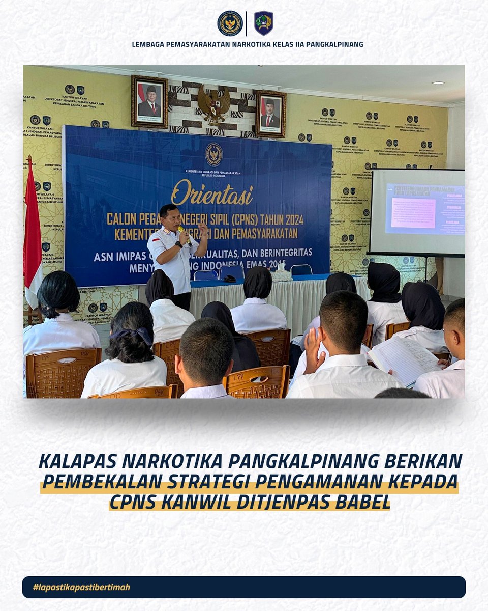 lpn_pkpinang's tweet photo. Kalapas Narkotika Pangkalpinang Berikan Pembekalan Strategi Pengamanan kepada CPNS Kanwil Ditjenpas Babel
#kemenimipas
#guardandguide
#ditjenpas
#pemasyarakatan
#lapasnarkotikapangkalpinang
#bertimah https://t.co/bdnZkw56Wj