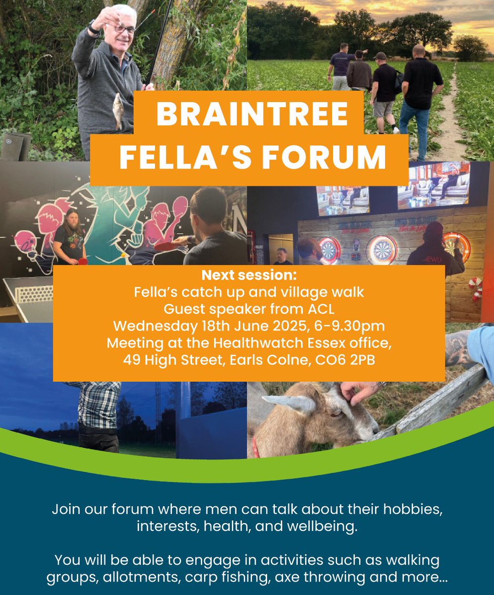 Healthwatch Essex (@hwessex) on Twitter photo Come and join us for our next Braintree Fella's Forum session!
📍Healthwatch Essex Office, 49 High Street, Earls Colne, CO6 2PB
Wednesday 18th June 2025, 6 pm - 9:30 pm
For more information, get in touch with Chris Drew by emailing chris.drew@healthwatchessex.org.uk. Come and join us for our next Braintree Fella's Forum session!
📍Healthwatch Essex Office, 49 High Street, Earls Colne, CO6 2PB
Wednesday 18th June 2025, 6 pm - 9:30 pm
For more information, get in touch with Chris Drew by emailing chris.drew@healthwatchessex.org.uk.