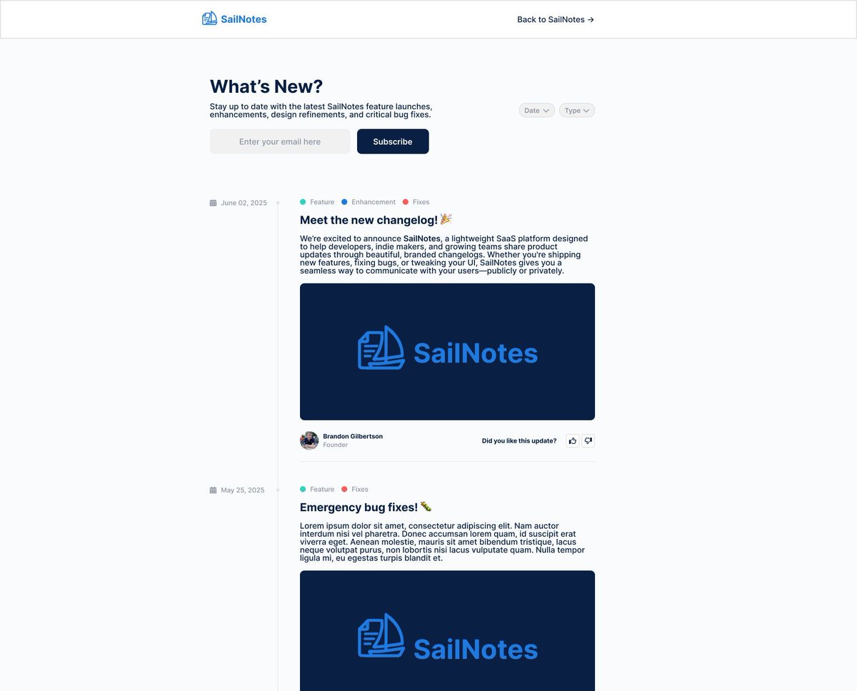 SailNotesApp's tweet image. 👀 Here’s a first look at the public changelog page for SailNotes!

📄 Clean layout
🌗 Dark mode ready
📷 Screenshots + GIFs
📬 Email subscribe
🔗 yourapp.sailnotes.app

Not live yet — but early access is coming.
Join the waitlist: sailnotes.app
#BuildInPublic #SaaS