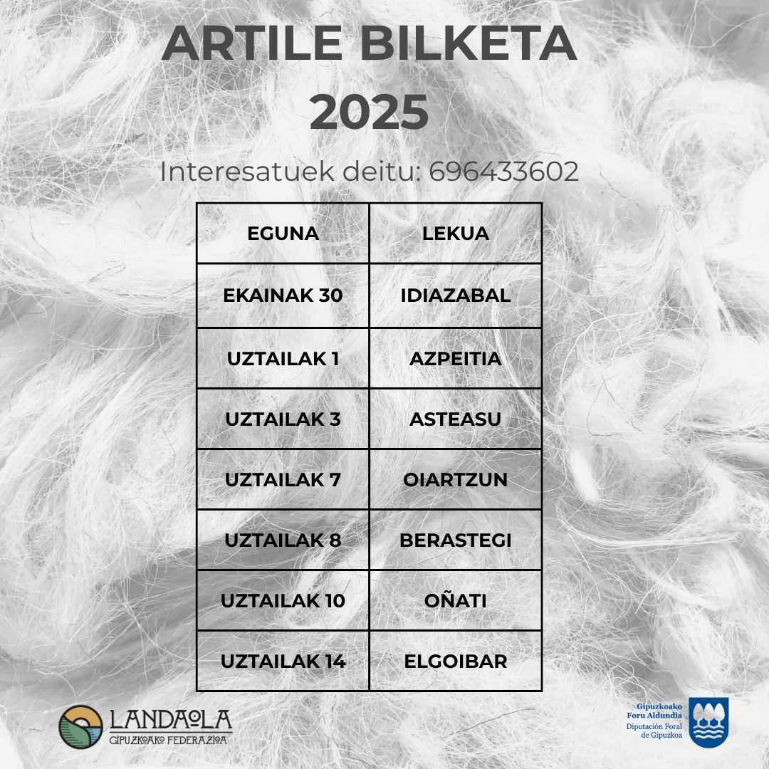 Aurtengo artile bilketa ekainak 30 eta uztailak 14a bitartean egingo da; aldez aurretik hitzordua eskatu beharko da.
Informazio gehiago: landaola.eus web gunean.
Hitzordua: 696433602 telefonoan.
#landaeremuasustatuz #artilebilketagipuzkoa