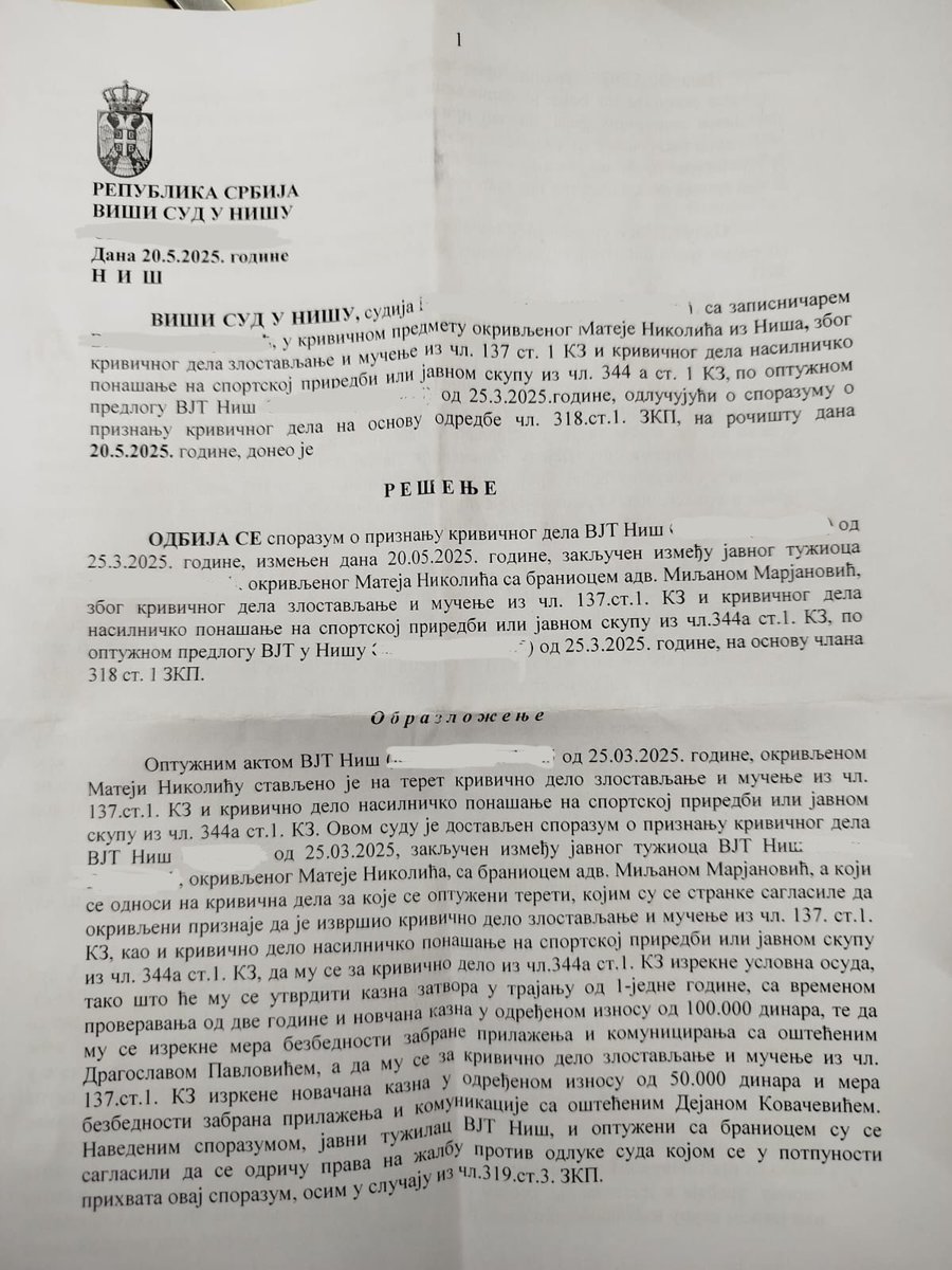 VIŠI SUD u Nišu doneo je REŠENJE kojim se ODBIJA sporazum o priznanju krivičnog dela, jer nema KD! 😌

Protiv ovog rešenja nije dozvoljena žalba. 

Nit sam vršio nasilje nad gradonačelnikom Dragoslavom Pavlovićem, niti sam zlostavljao i mučio načelnika komunalne Dejana Kovačevića