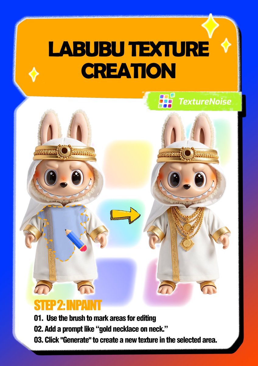 Type in a prompt to unlock a fresh new Labubu skin.🐫
Want a necklace? 
Just inpaint it. TextureNoise does the rest.💫

#TextureNoise #Labubu #LabubuDolls #dubai #AIart #AIforALL #3DArtist #3DCG #indiegame #gameart #POPMART #AItools #substancepainter #StableDiffusion #3dmodeling