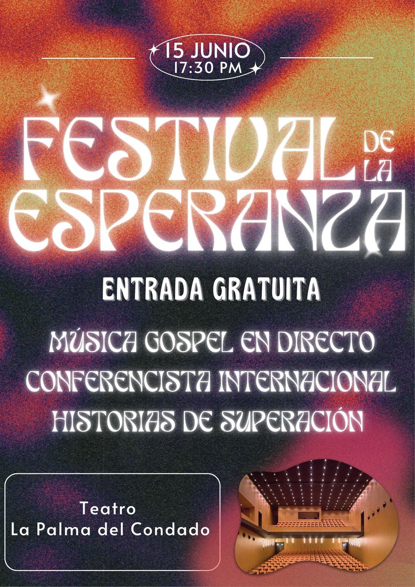 📣 ¡Estás invitado al Festival de la Esperanza!

La Iglesia Evangélica de La Palma del Condado te invita a un evento muy especial lleno de fe, música y testimonios que tocan el corazón

🗓 Domingo, 15 de junio
🕠 17:30 h.
📍 Teatro España, La Palma del Condado
🎟 Entrada gratuita
