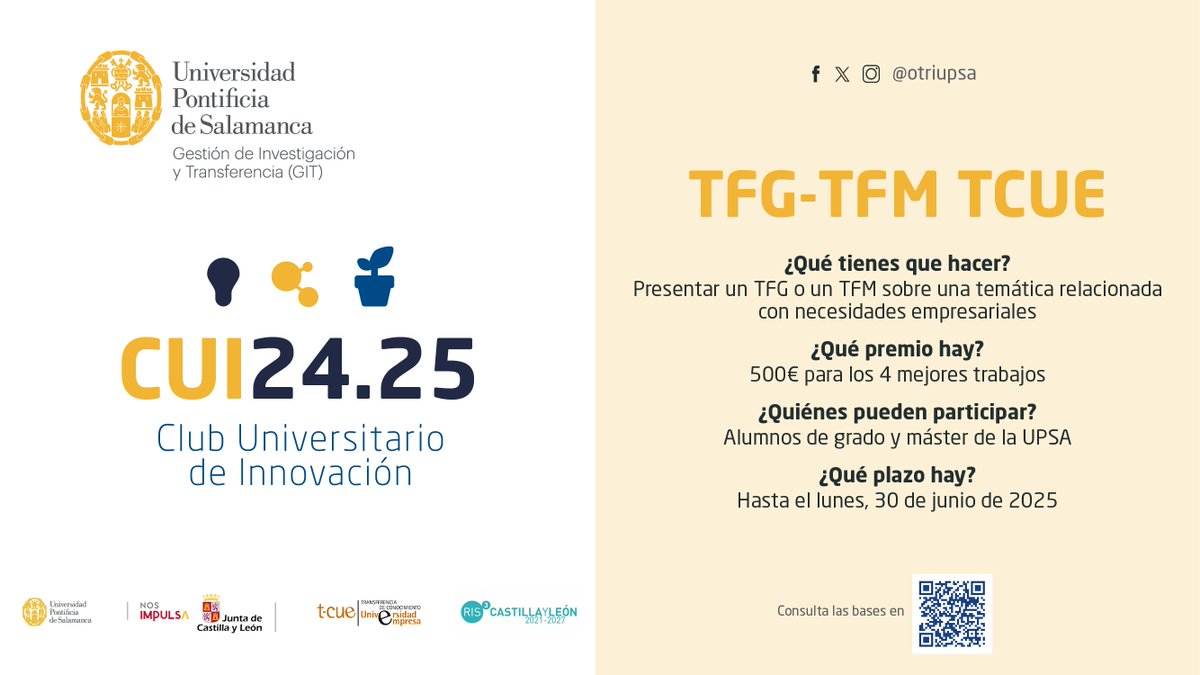 📢 ¡Tu TFG/TFM innovador puede ser premiado!
Si estudias en la <a href="/upsa/">UPSA</a>  y tu trabajo conecta con el sector público o privado, participa.
🏆 4 premios de 500 €
🗓️ Hasta el 30/06/2025
🔗 forms.gle/kpt31fwGUfp6yx…

<a href="/Fuescyl/">Fundación Universidades y EESS de Castilla y León</a>  #TCUE #Innovación #TFG #TFM