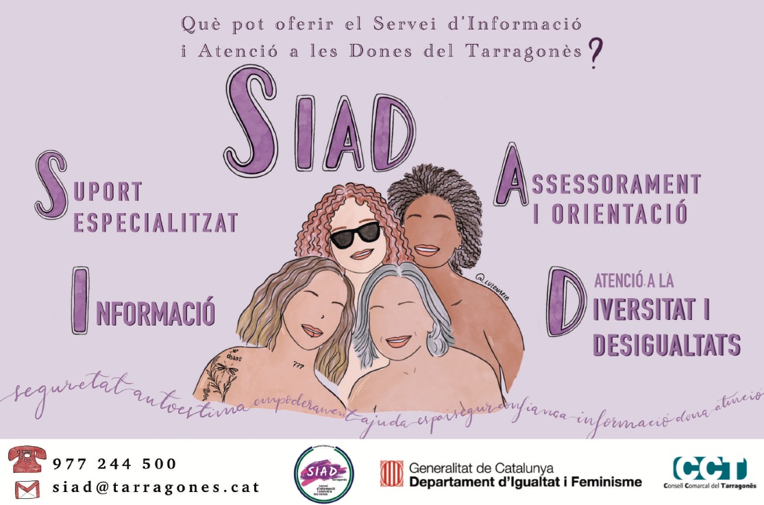 Avui et portem informació sobre el SIAD Tarragonès? 

Saps què pot oferir el Servei d'Informació i Atenció a les Dones del Tarragonès?

Informació, suport especialitzat, assessorament i orientació, atenció a la diversitat i desigualtats...

Cnsulta-ho a:
tarragones.cat/benestar-socia…