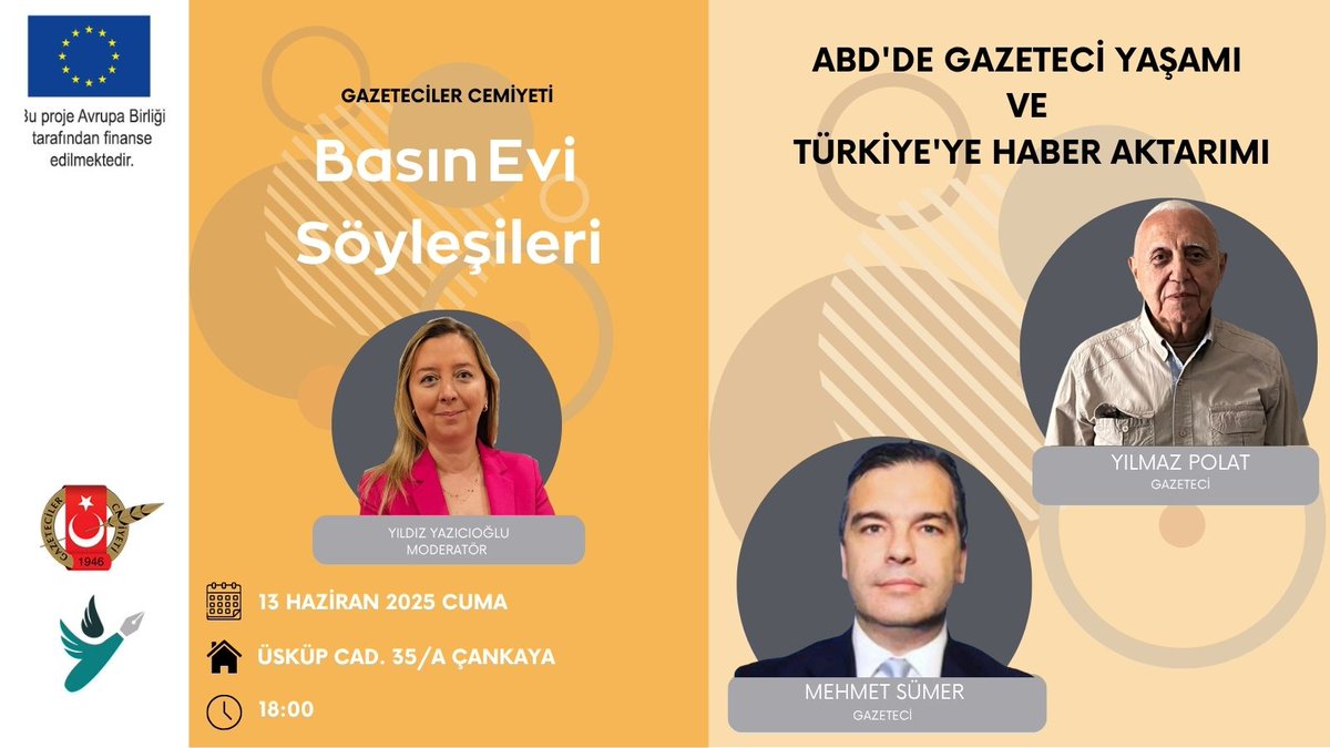 13 Haziran 2025 Cuma 18.00'de “ABD'de Gazeteci Yaşamı ve Türkiye'ye Haber Aktarımı” başlıklı söyleşiye davetlisiniz. 
Söyleşide, Yılmaz Polat ve Mehmet Sümer Washington ve  New York'taki gazetecilik deneyimlerini paylaşıyor. 
Bilgi ve kayıt için: 
media4democracy.org/duyurular/basi…