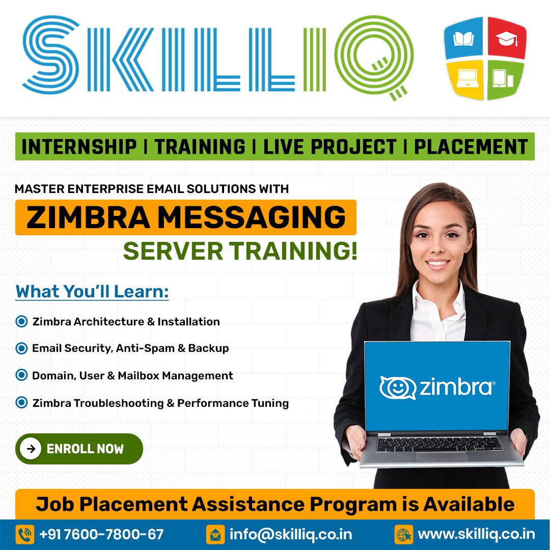 SkillIQCourse's tweet image. 🚀 Master #ZimbraEmail Server with #SkillIQ!
🔧 Setup, manage &amp;amp; secure like a pro.
📚 #LiveProject + #Internship
🎯 Job Assistance Included!
📞 +91 7600-7800-67 | 🌐 skilliq.co.in