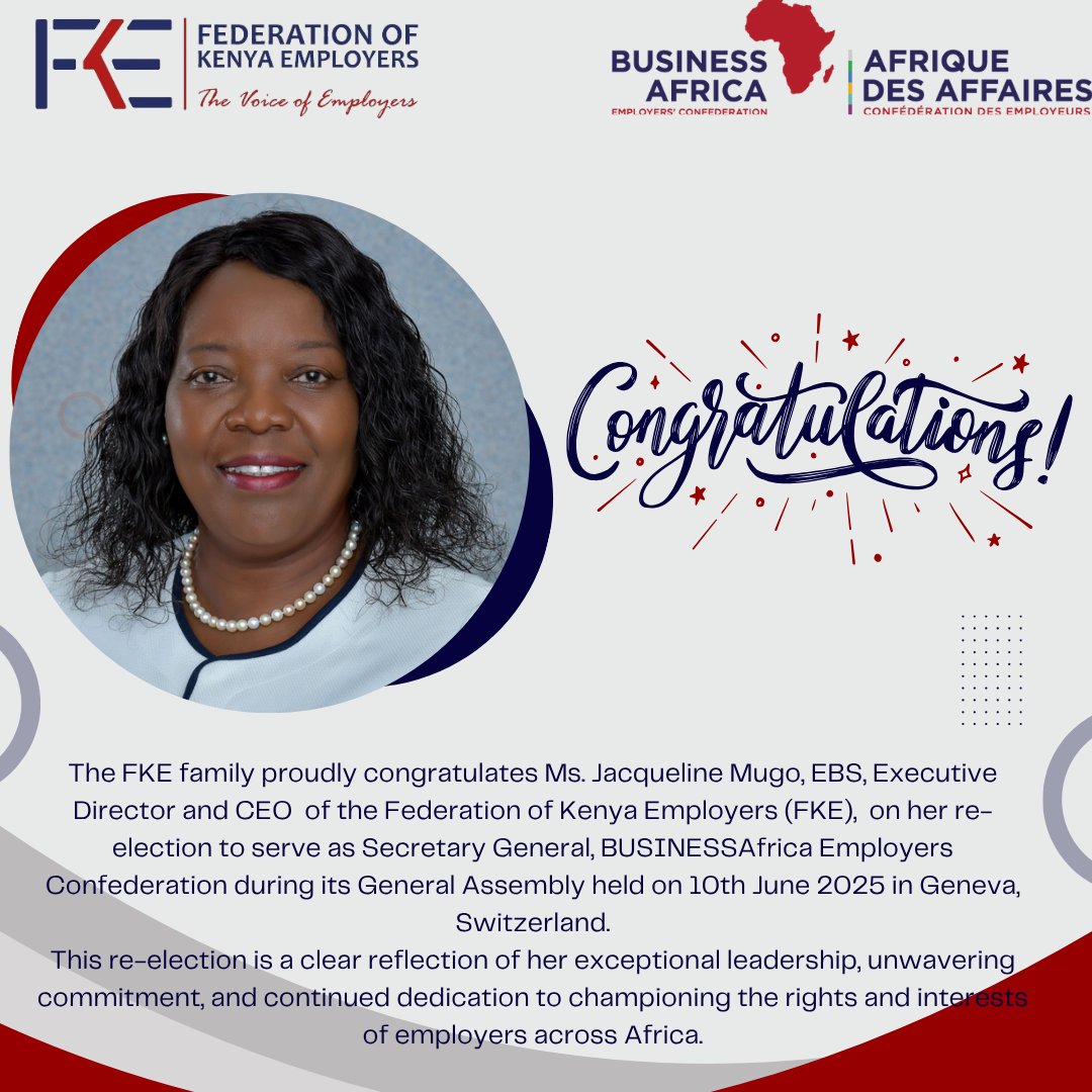 Congratulations to Ms. Jacqueline Mugo, EBS, Executive Director and CEO of FKE, on her re-election as Secretary General of BUSINESSAfrica! A true testament to her outstanding leadership and dedication to employers across Africa. 👏
#leadership #BUSINESSAfrica #FKE