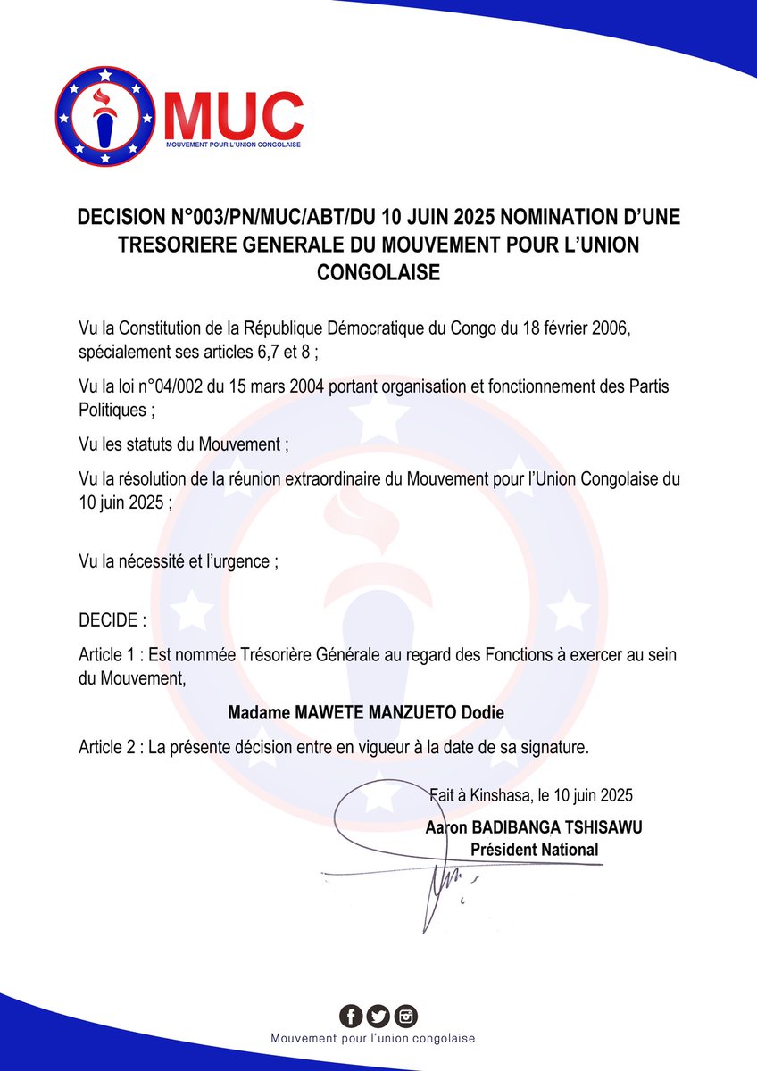 Mouvement pour l’Union Congolaise (@mouvementunion) on Twitter photo Message de félicitations
Chers membres,
C’est avec une grande joie et beaucoup de fierté que nous adressons nos plus sincères félicitations à toutes les personnes récemment nommées au sein de notre parti politique.
<a href="/ATshisawu/">Aaron Badibanga Tshisawu</a> <a href="/IlungaGede69028/">Ilunga Gédéon</a> <a href="/omega_kasavubu/">Oméga Kasa-vubu The Godsend⚖️</a> <a href="/jkalumba49/">Jonathan Kalumba</a> Message de félicitations
Chers membres,
C’est avec une grande joie et beaucoup de fierté que nous adressons nos plus sincères félicitations à toutes les personnes récemment nommées au sein de notre parti politique.
<a href="/ATshisawu/">Aaron Badibanga Tshisawu</a> <a href="/IlungaGede69028/">Ilunga Gédéon</a> <a href="/omega_kasavubu/">Oméga Kasa-vubu The Godsend⚖️</a> <a href="/jkalumba49/">Jonathan Kalumba</a>
