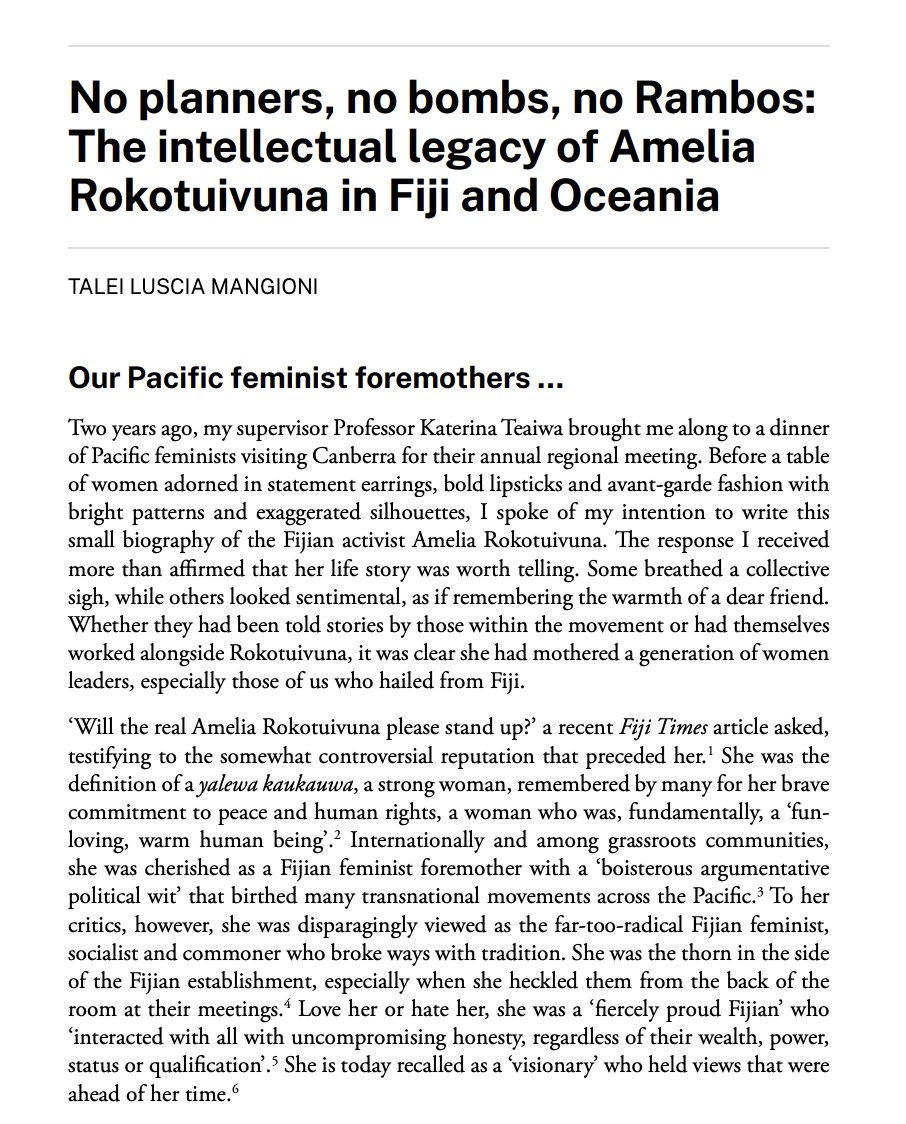 Today's read is <a href="/talei_luscia/">Talei Luscia</a> 's new piece on Amelia Rokotuivuna: "What is needed is a commitment to recovering the voices of Pacific feminists across the sea of archives and libraries, and to considering the richness of their intellectual influence." press-files.anu.edu.au/downloads/pres…