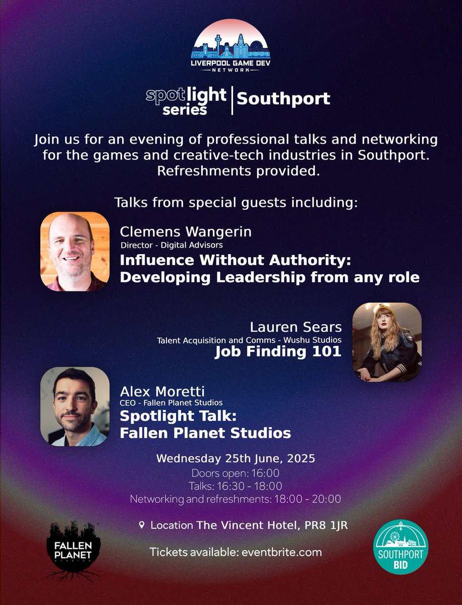 Liverpool Game-Dev Network (@liverpoolgdn) on Twitter photo Our spotlight series is back on Wednesday 25th June in Southport! Supported by <a href="/SouthportBID/">Southport BID</a> and <a href="/FallenPlanetVR/">Fallen Planet Studios</a> , join us for an evening of valuable talks and networking, with refreshments also provided.
Tickets: shorturl.at/vV1TD
More info about our speakers here 👇 Our spotlight series is back on Wednesday 25th June in Southport! Supported by <a href="/SouthportBID/">Southport BID</a> and <a href="/FallenPlanetVR/">Fallen Planet Studios</a> , join us for an evening of valuable talks and networking, with refreshments also provided.
Tickets: shorturl.at/vV1TD
More info about our speakers here 👇